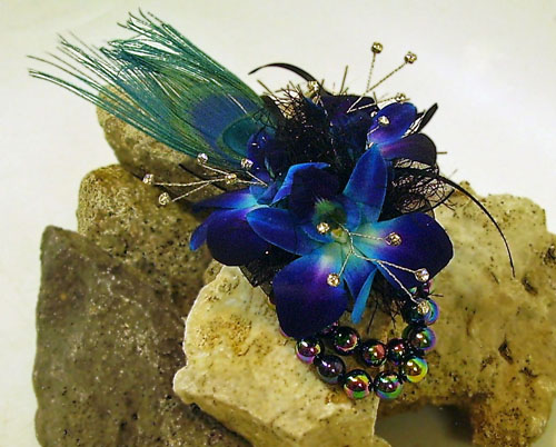 wristlet corsage orchid and peacock