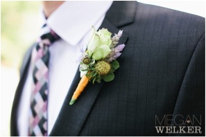 Designed by Laurie of Fleurie, Reedly, California. 1 Lisianthus 1 Scabiosa pod 1 Love in a Mist 3 Lavender Spikes 1 Geranium Leaf Ribbon $15.00 (Photography by Megan Welker Photography)