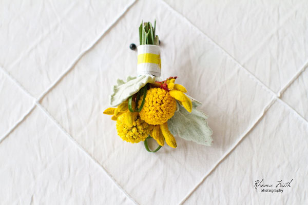Craspedia,kangaroo paw, dusty, bear grass, grosgrain ribbon $15.00