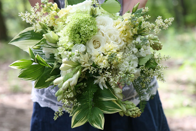 green+and+white+bride's+bouquet+featuring+Solomon's+seal,+flowering+ligustrum,+yarrow+foliage,+hosta+leaves+and+hydrangea