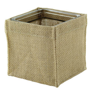Floral Supply Syndicate has these Burlap Covers available in 5 sizes; 4" & 5" Cubes, 4", 5" & 6.25" Cylinders. Perfect and quick way to give a clear vase a rustic finish, perhaps a touch of ribbon to add color?