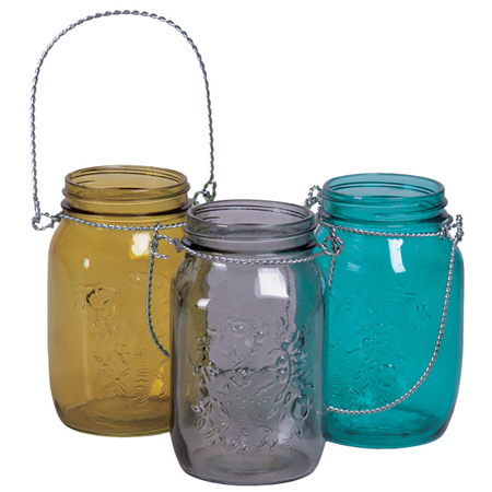 Available from Pioneer Imports and Wholesale, a great set of colored glass hanging mason jars - they also have clear hanging mason jars, perfect for aisle decor!