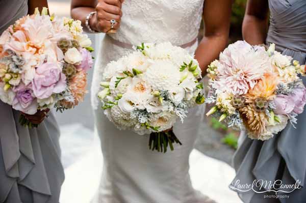 Floressence, white bridal bouquet of roses peonies and dusty miller