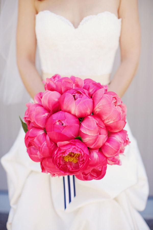 Laura Miller Design, bridal bouquet of coral charm peonies with blue and white striped ribbon