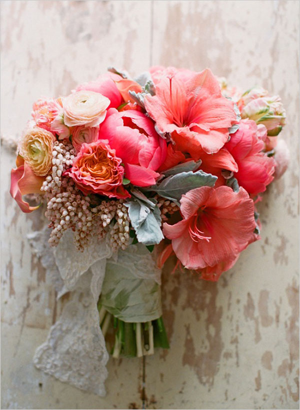 Oak & The Owl, Coral Charm peonies, amaryllis, pieris japonica, ranunculus and dusty miller.