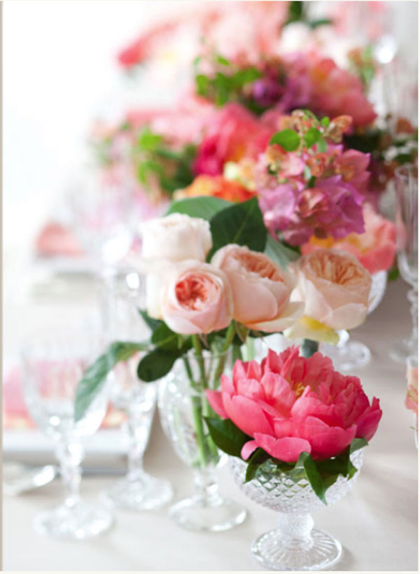 Stemz, Reception Table Centerpieces of Coral Charm Peonies, Juliet Garden roses, Bougonvellia