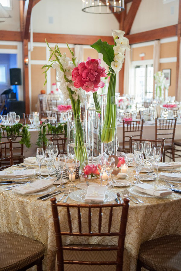 Brea McDonald Photography, Soiree Floral of Nantucket, Contemporary Centerpiece of coral charm peonies, large white calla lilies, white gladiolas.