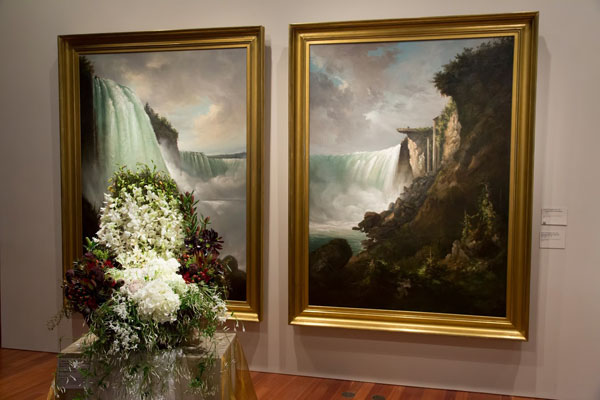 Bouquets To Art, San Francisco, Gustav Grunewald, The Niagra River at the Cataract and Horseshoe Falls from below the High Bank, c. 1832. Oil on canvas. Fine Arts Museums of San Francisco, gift of John D. Hatch,V, in memory of John Davis Hatch, A.I.A., architect of San Francisco. Floral design by J. Miller Flowers and Gifts. Photograph Â© Greg A. Lato / latoga photography