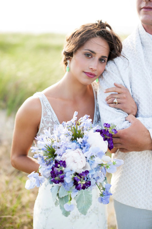 Nantucket Styled Shoot-Justin Marantz - Soiree Floral, Bridal bouquet of Purple Stock, agapanthus, peonies and sweet peas with dusty miller.