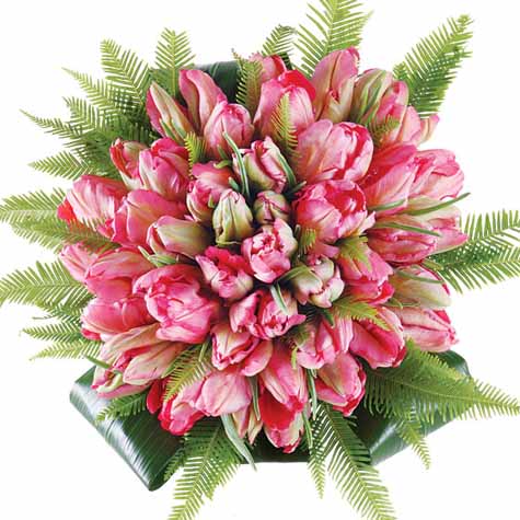 Bridal bouquet of Pink parrot tulips, umbrella ferns, and Thai leaves, $185 by Jeffrey Marcus for JM Visuals.