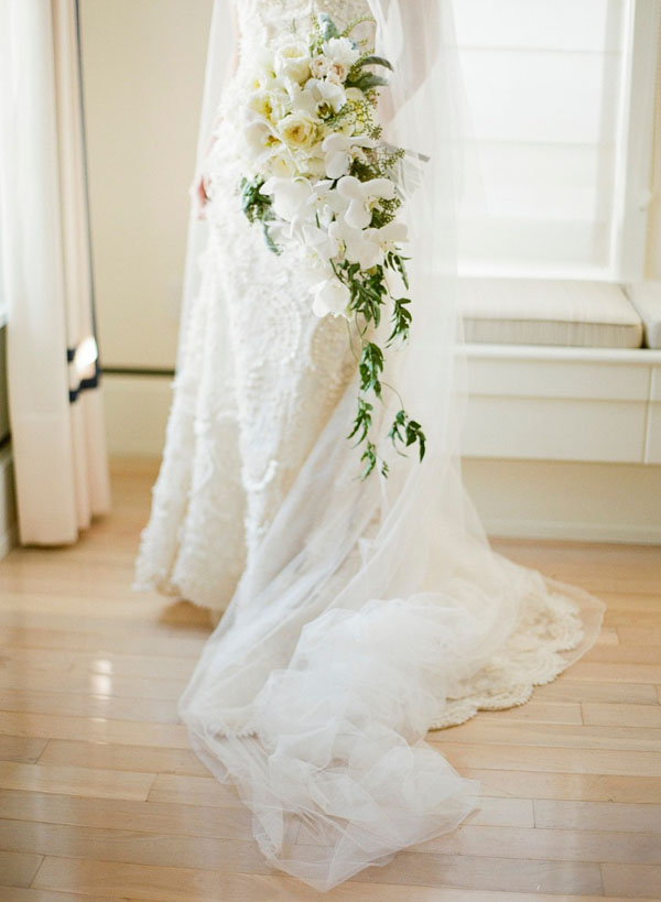 Jose Villa Photography and Soiree Floral of Nantucket, Cascading Bridal Bouquet of white garden roses and orchids