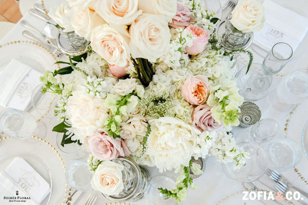 Zofia & Co Photography, Soiree Floral, Nantucket, Floral Centerpiece of peonies, garden roses, snapdragons, stock, hydrangeas