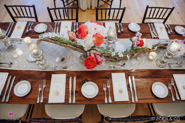 Zofia & Co Photography, Soiree Floral, Nantucket, Table Runner of driftwood, white and coral charm peonies