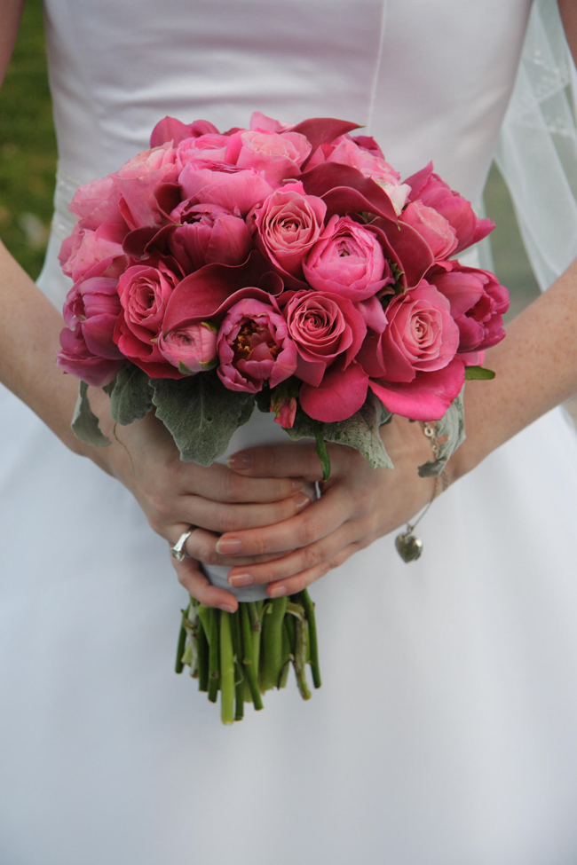 Keita of Smashing Petals Azzura Photography - Aria Floral - hot pink bridal bouquet of calla lilies, ranunculus, roses and double tulips