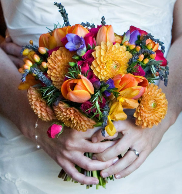 orange and purple bridal bouquet