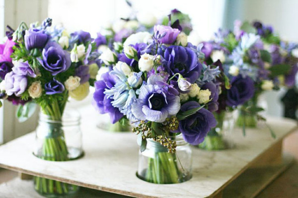 Floret Flower Farm -Blue and Purple Bouquets of purple anemones, blue hyacinth, white spray roses, sweet peas, seeded eucalyptus