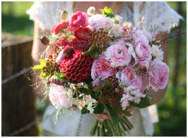 Floret Flower Farm - Pink Bridal Bouquet of pink garden roses, ranunculus, dahlias, cranberry viburnum and honeysuckle