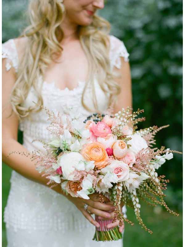 Bare Root Flora - Laura Murray Photography - blush and peach bridal bouquet - Colorado Wedding