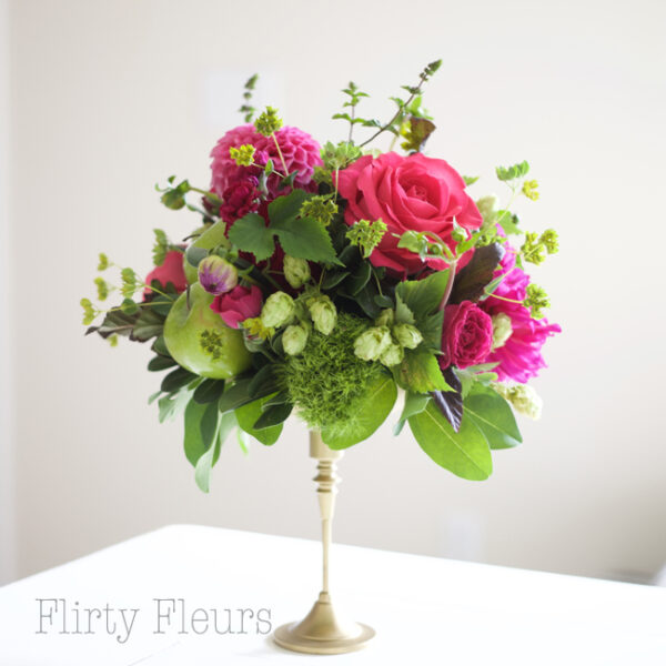 Bella Fiori Wedding Flowers Washington State - green and pink floral centerpiece on gold pedestal