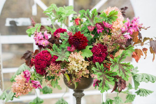 Buckeye Blooms - Mandy Ford Photography - centerpiece with coxcomb, hydrangeas, dahlias, and geranium leaves