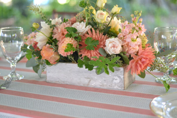 Buckeye Blooms - centerpiece with dahlias, stock, lisianthus