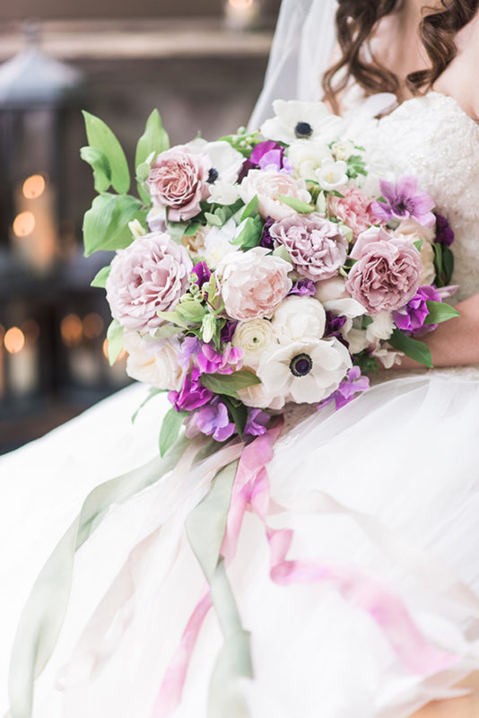 Bella Fiori & B Jones Photography. Bridal bouquet of garden roses, anemones, and sweet peas. Bella Luna Farms, Snohomish, Washington Weddings.
