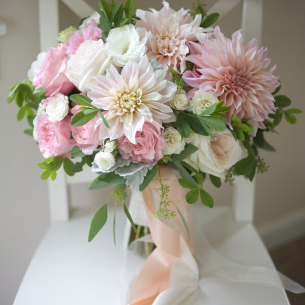 Bella Fiori - bridal bouquet of pink garden roses, cafe au lait dahlias, 