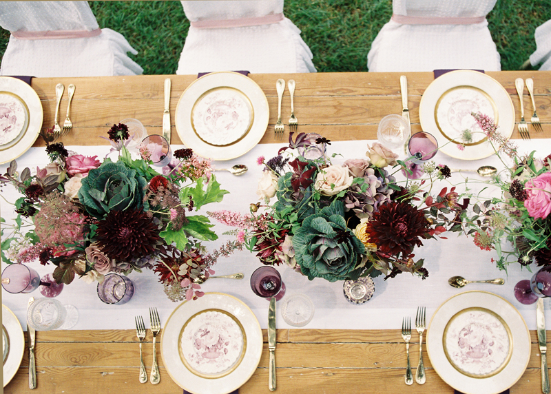 Myrtie Blues Floral Design, Florida. Lauren Kinsey Photography. Centerpieces with burgundy, plum and green flowers.