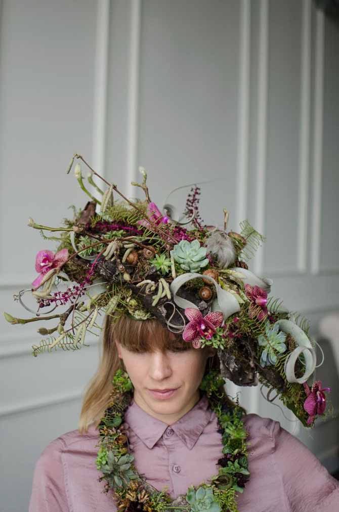 botanical headpiece and jewelry, photo Alba Betancourt, Francoise Weeks