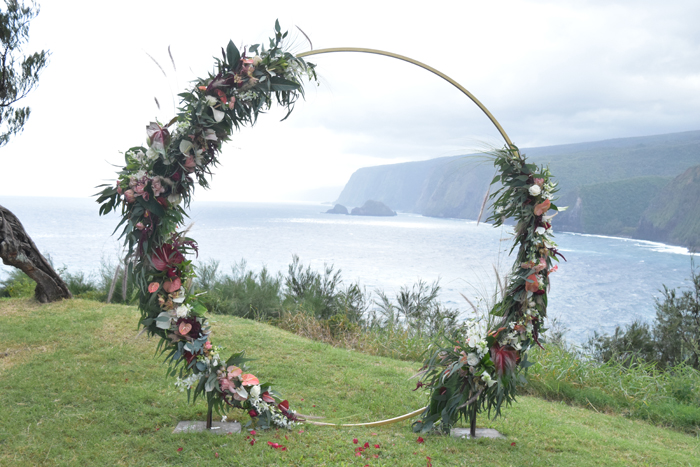 Grace Flowers Hawaii - moon arch for a wedding ceremony overlooking ocean