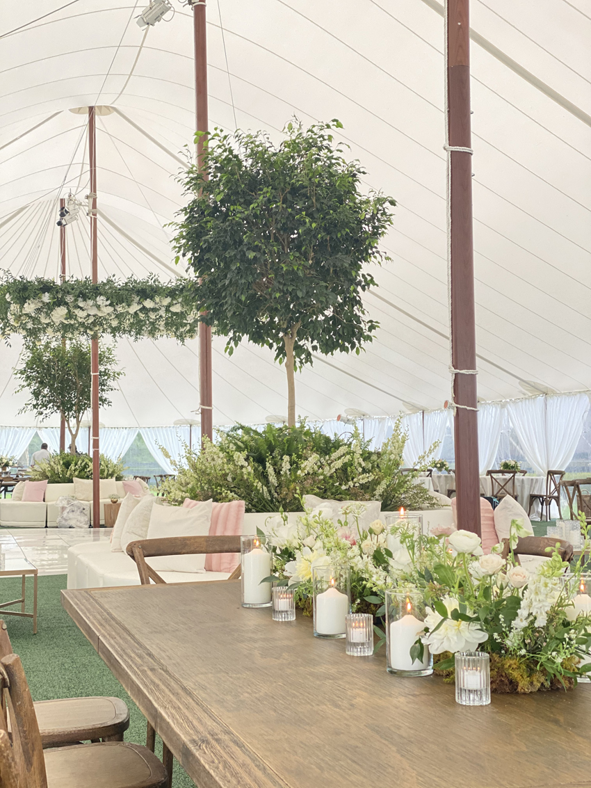 Jessica Jones Blooms N Blossoms Wedding Florist Kentucky  - wedding reception in a white tent