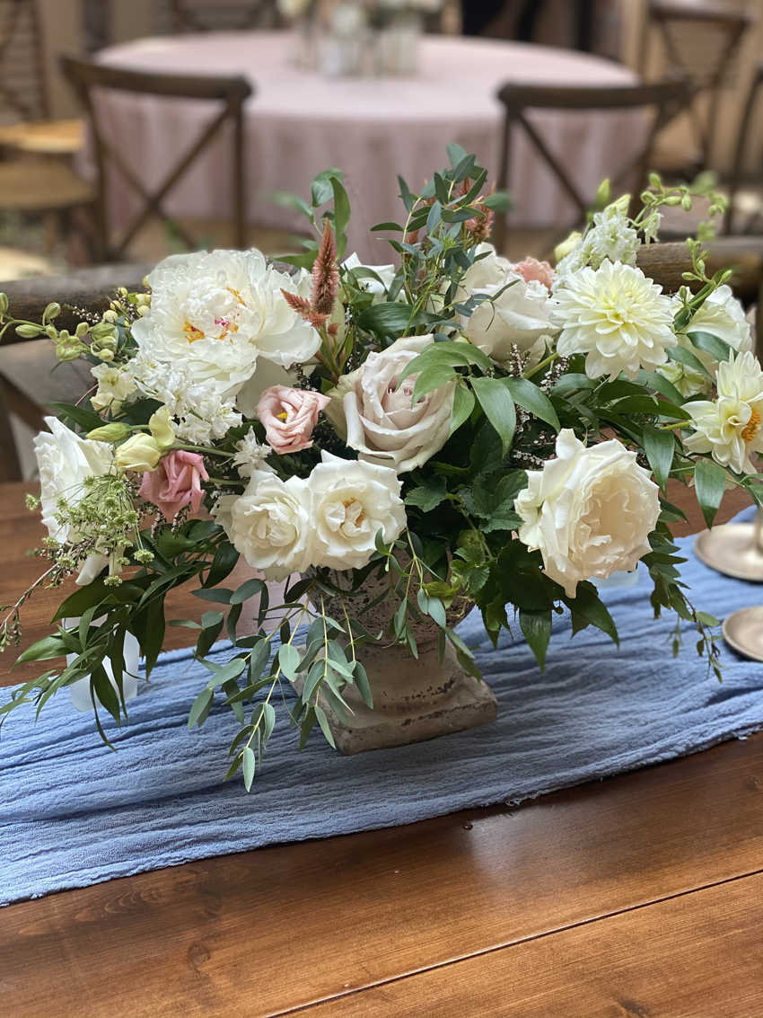 Jessica Jones Blooms N Blossoms Wedding Florist Kentucky  - compote centerpiece with white and blush flowers