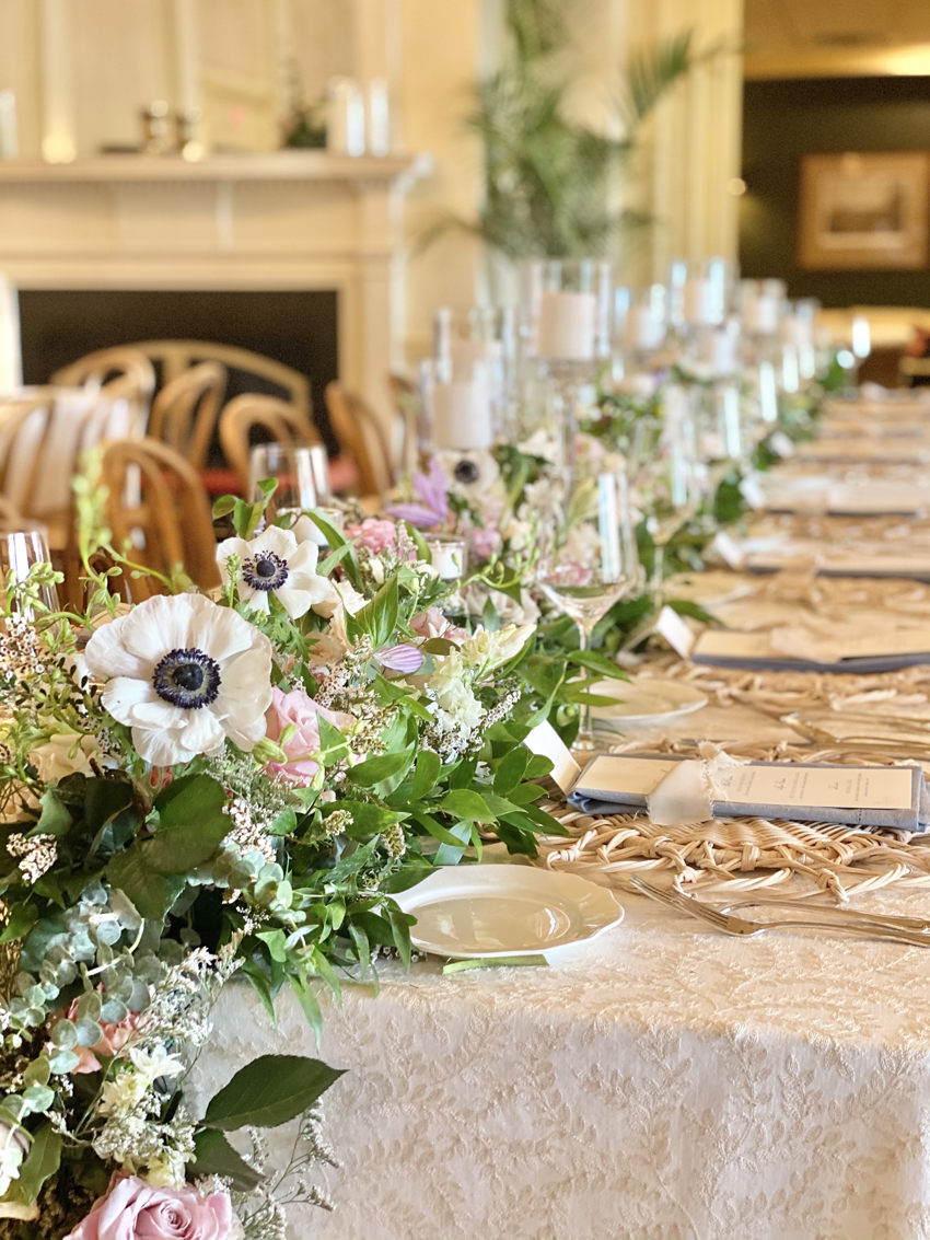 Jessica Jones Blooms N Blossoms Wedding Florist Kentucky  - rectangular table with flowers down the center
