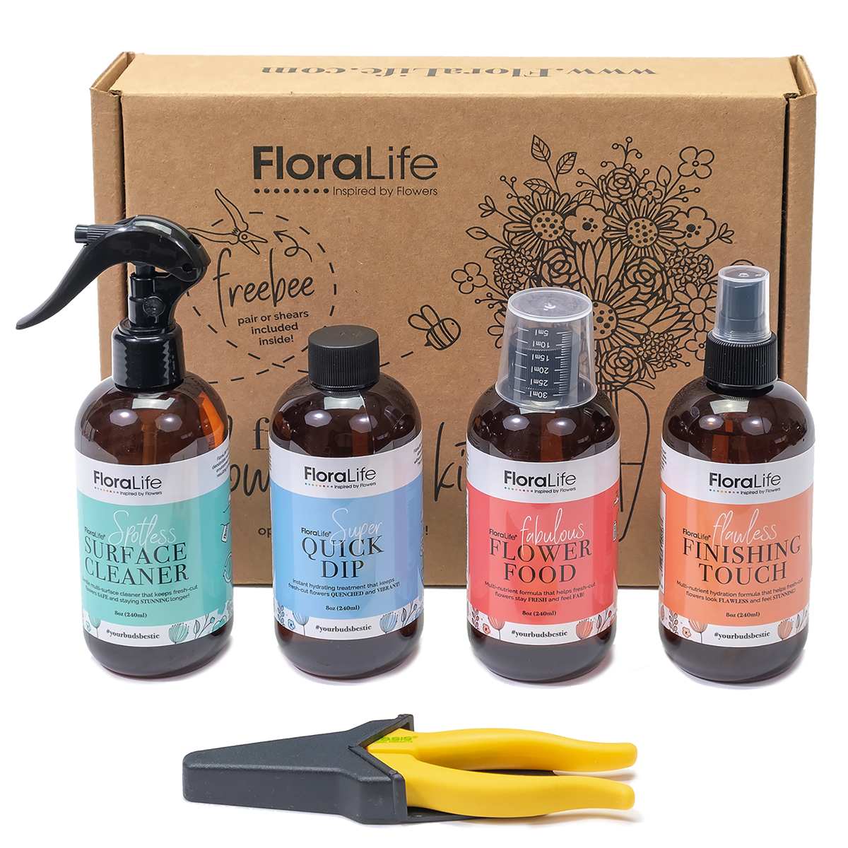 This fresh-cut flower care kit contains everything the flower enthusiast needs to ensure your best buds remain fabulous longer! Included in the #yourbudsbestie kit is everything you need for super star flower care + a free pair of handy dandy floral shears!