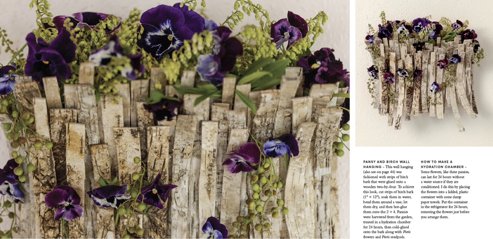 Francoise Weeks page from her book Wonder of the Woodlands, pansies with bark