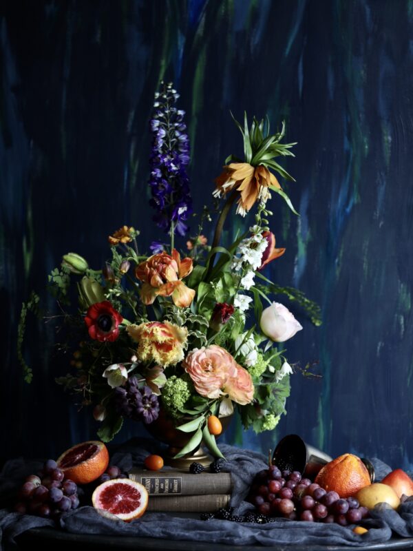 fresh flower arrangement designed with dutch master artist inspiration. floral design class in washington state