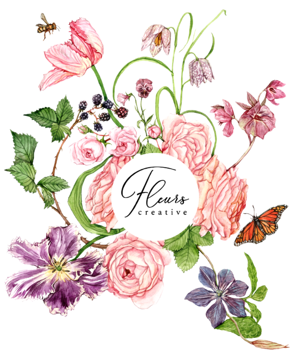 Logo for Fleurs Creative with botanical drawings of flowers.